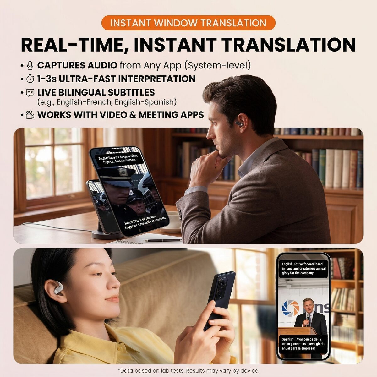 Real-time translation features: system-level audio capture, bilingual subtitles
