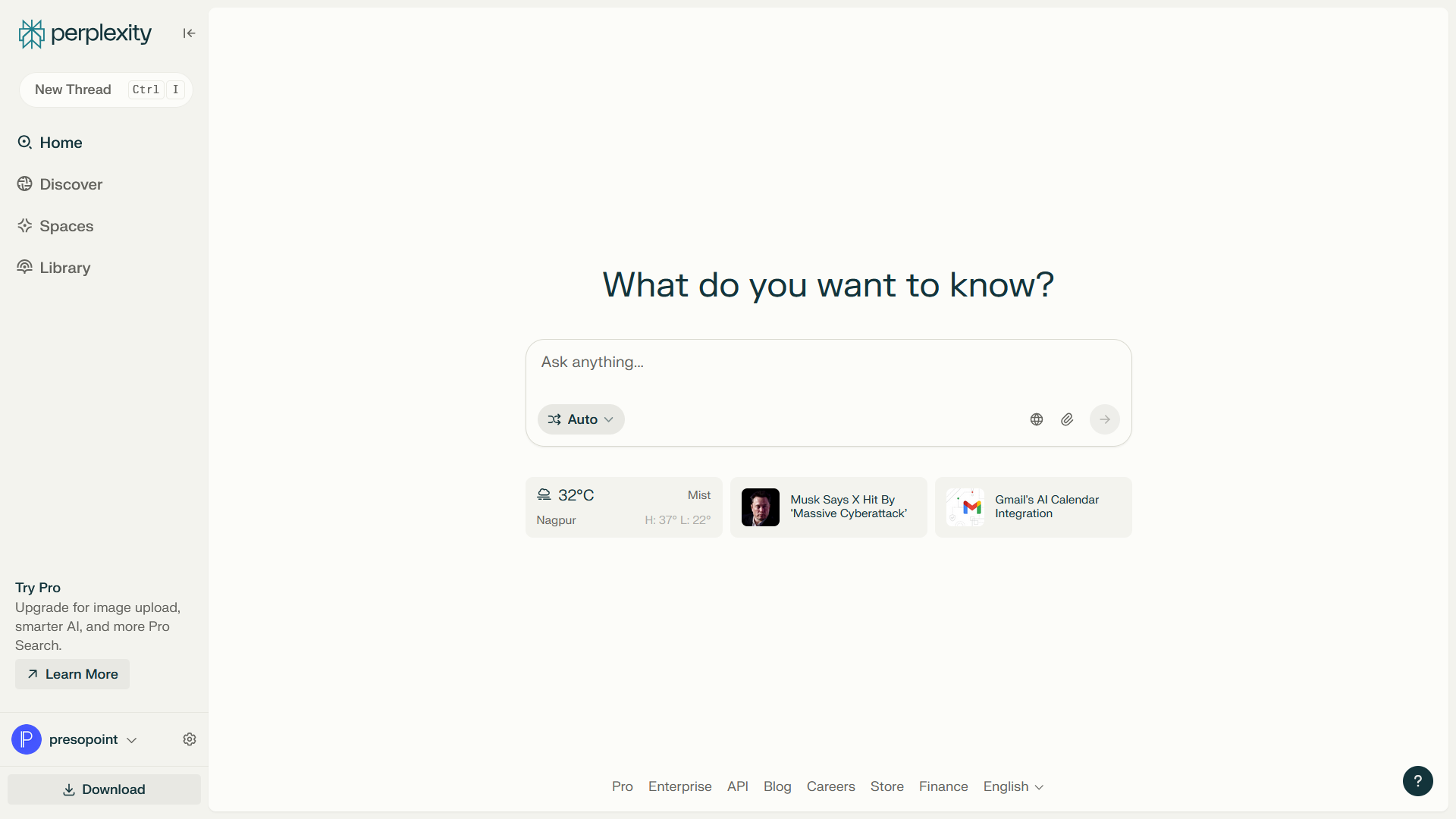 Perplexity homepage search interface with a search box and suggested questions